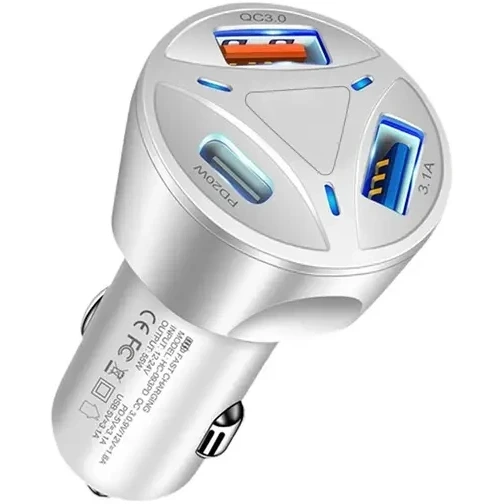 شارژر فندکی ۳ پورت ۵۵ وات فست شارژ QC3 با دو خروجی USB و یک خروجی PD