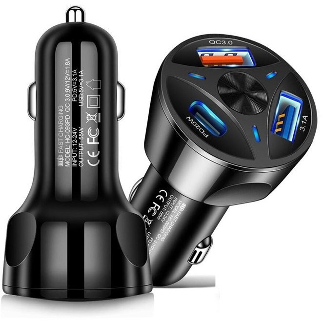شارژر فندکی ۳ پورت ۵۵ وات فست شارژ QC3 با دو خروجی USB و یک خروجی PD