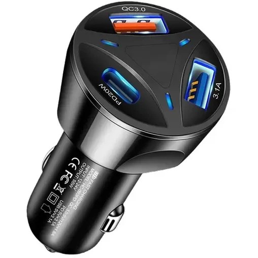 شارژر فندکی ۳ پورت ۵۵ وات فست شارژ QC3 با دو خروجی USB و یک خروجی PD